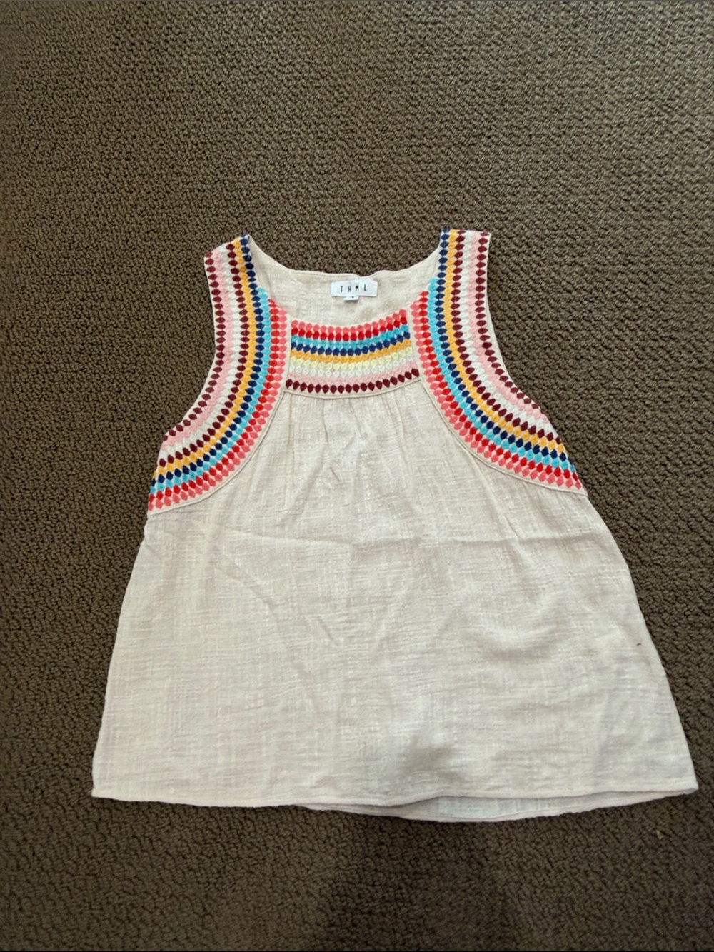 THML Cream Tank Top with Multicolor Embroidered Yoke